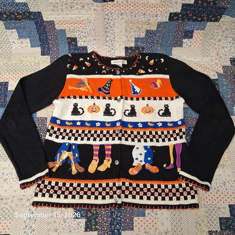 Y2K Vintage Arriviste Halloween Cardigan Sweater Womens Medium Witch Cat Knit